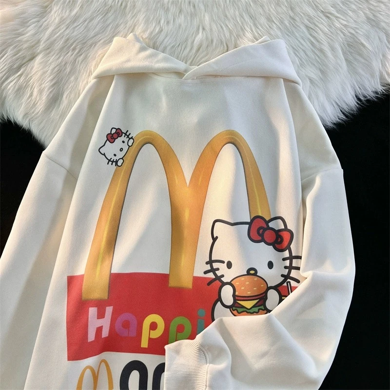 美式复古麦当劳kitty猫咪连帽卫衣女秋冬季宽松慵懒风情侣装外套