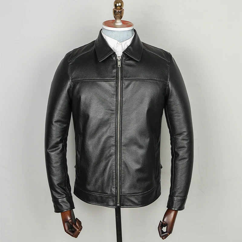 春季新品头层牛皮男士真皮皮衣翻领皮夹克修身短款机车服大码外套