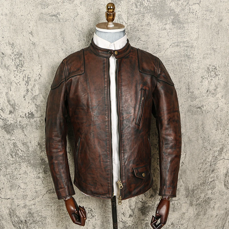 毒液同款无图层 男士马皮 真皮皮衣 修身 复古做旧 机车皮夹克
