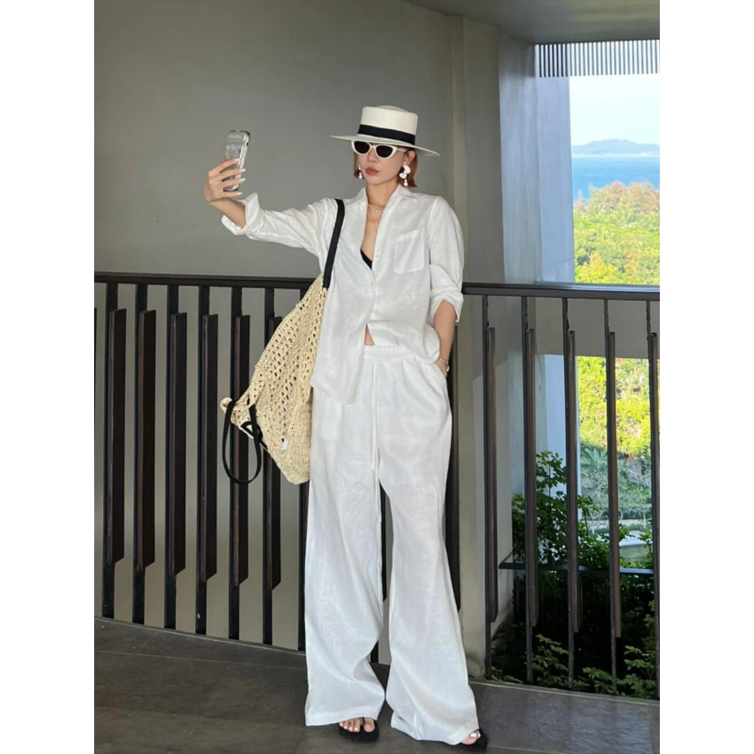 松弛感亚麻衬衫休闲套装女夏季薄款蓝色衬衣阔腿裤两件套时尚