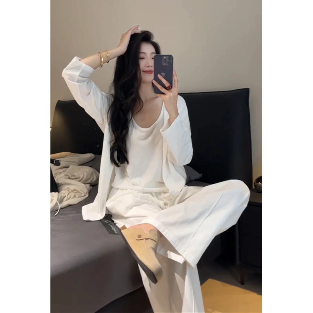 春秋韩版网红气质减龄宽松运动时尚开衫慵懒背心阔腿裤三件套装女