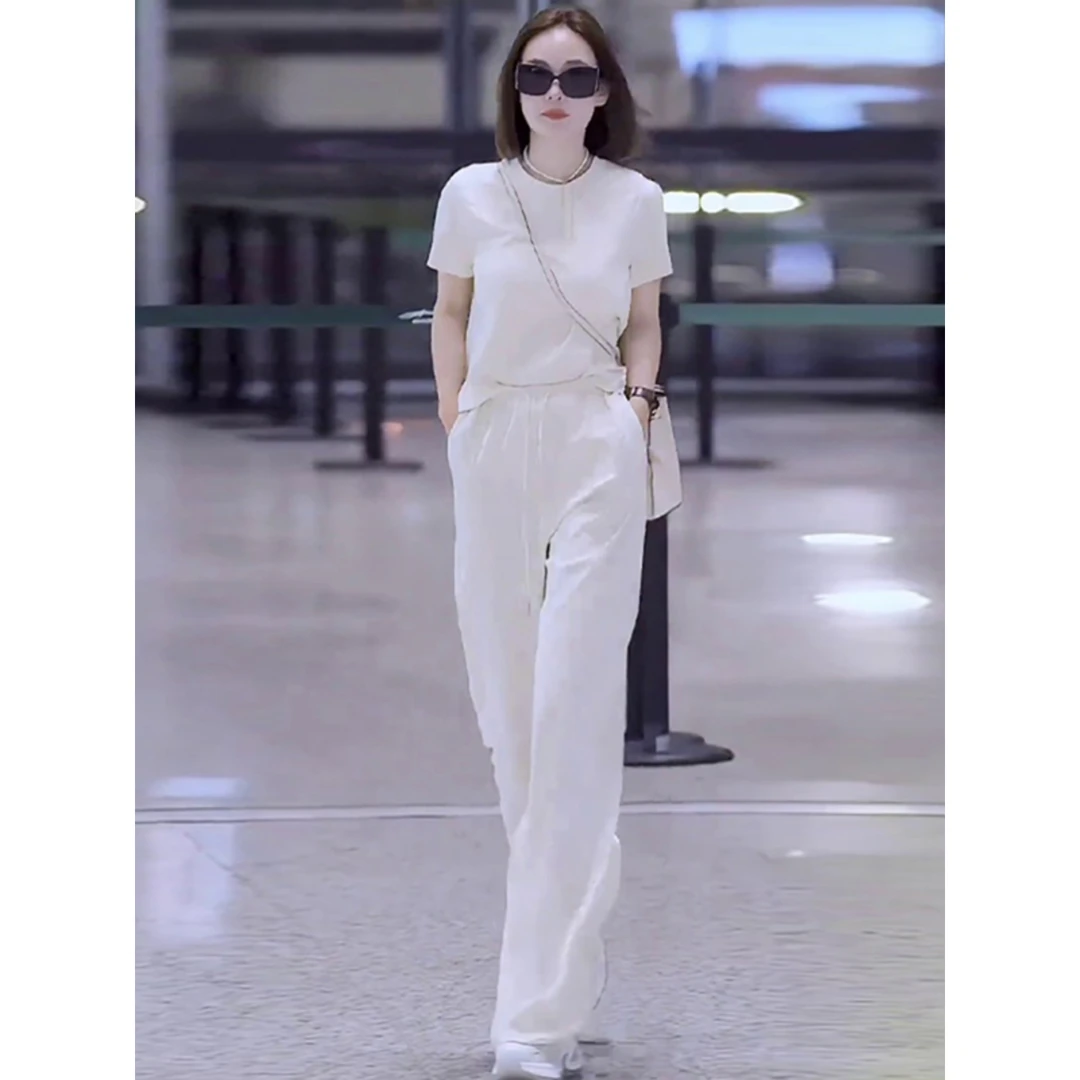 清冷白色系穿搭休闲运动套装女夏季洋气减龄短袖T恤阔腿裤两件套