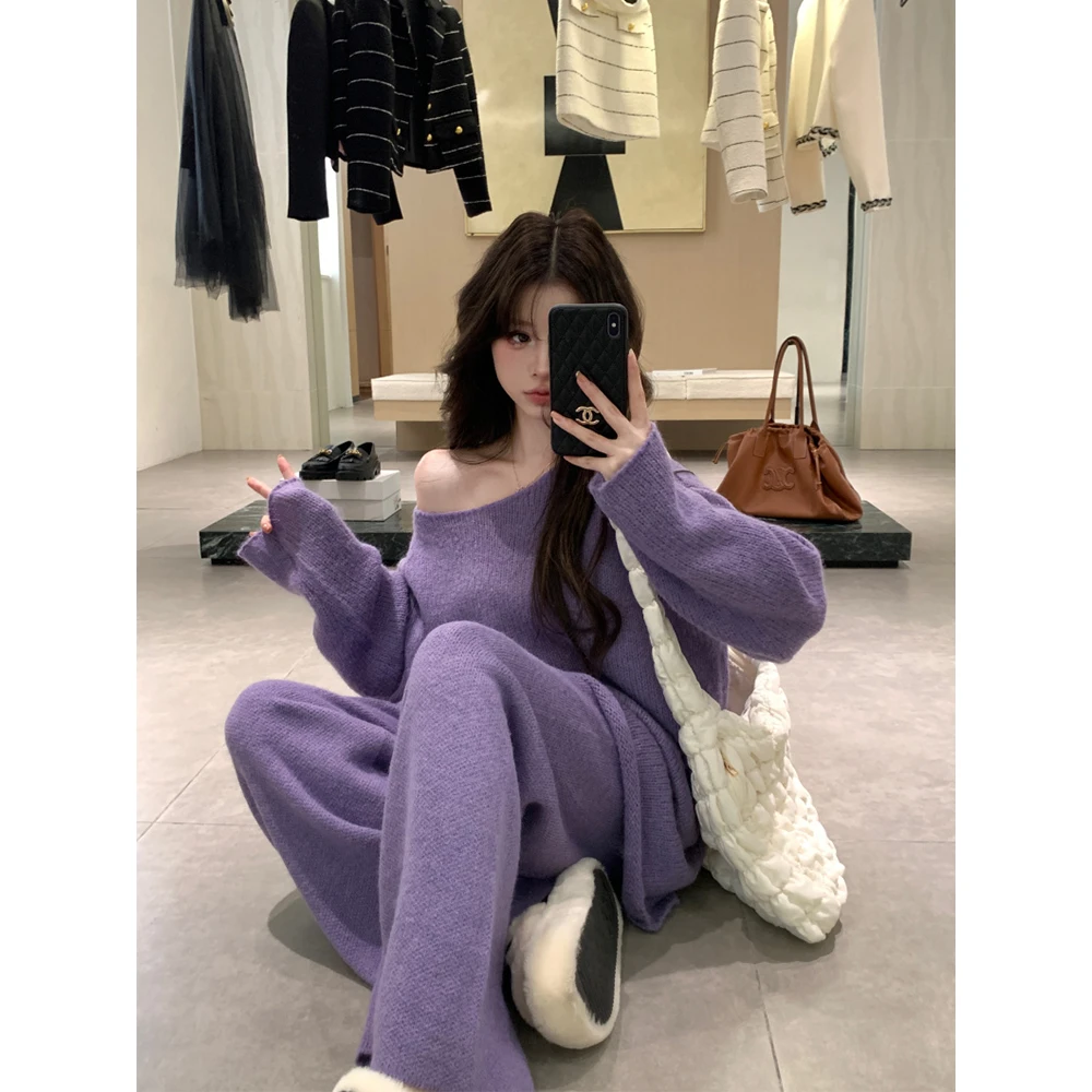 韩版慵懒宽松针织时尚套装女秋慵懒风紫色毛衣阔腿裤松弛感两件套