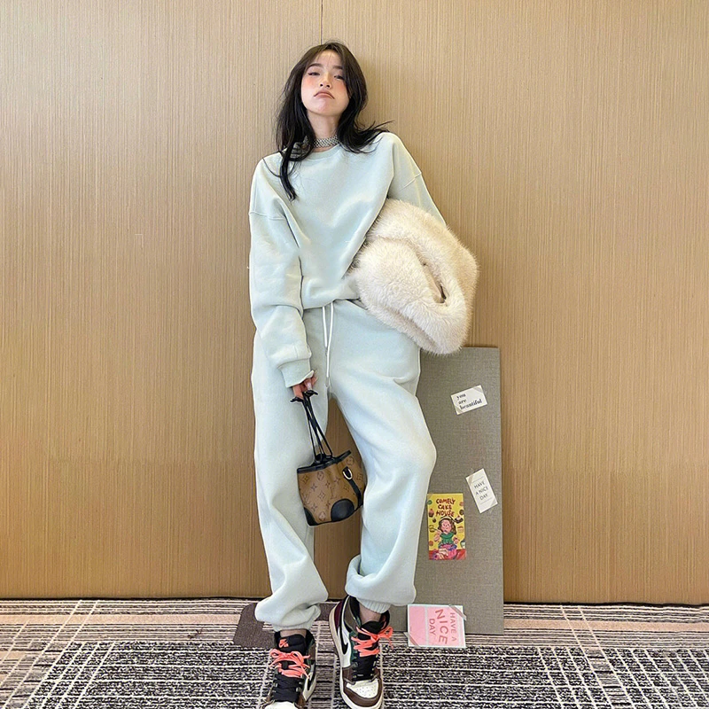 时尚运动套装女秋冬季网红百搭休闲加绒加厚卫衣束脚裤两件套洋气