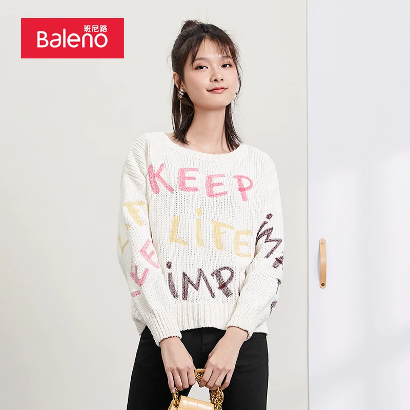 BALENO/班尼路秋冬女士潮流字母圆领韩版宽松套头毛衣88035956