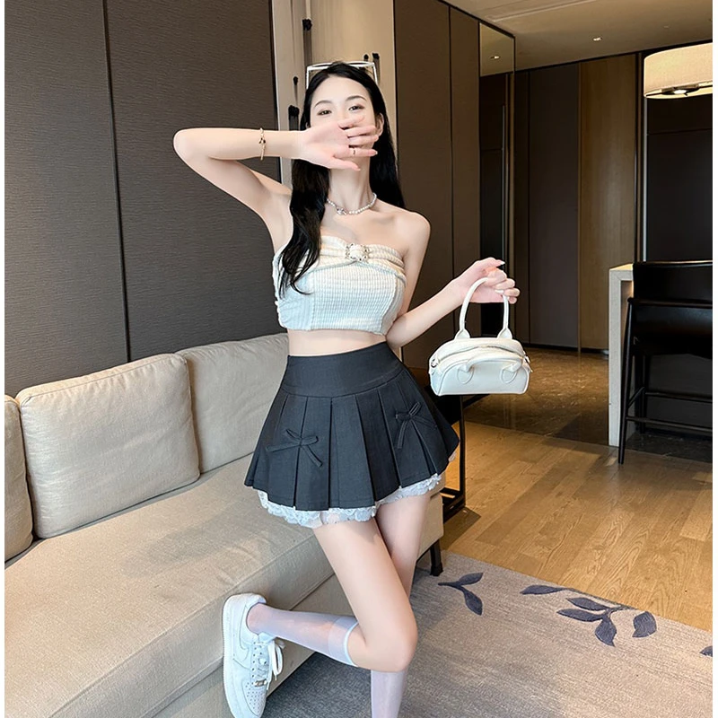 纯欲风蕾丝花边百搭a字半身裙女夏季辣妹复古高腰蝴蝶结百褶短裙