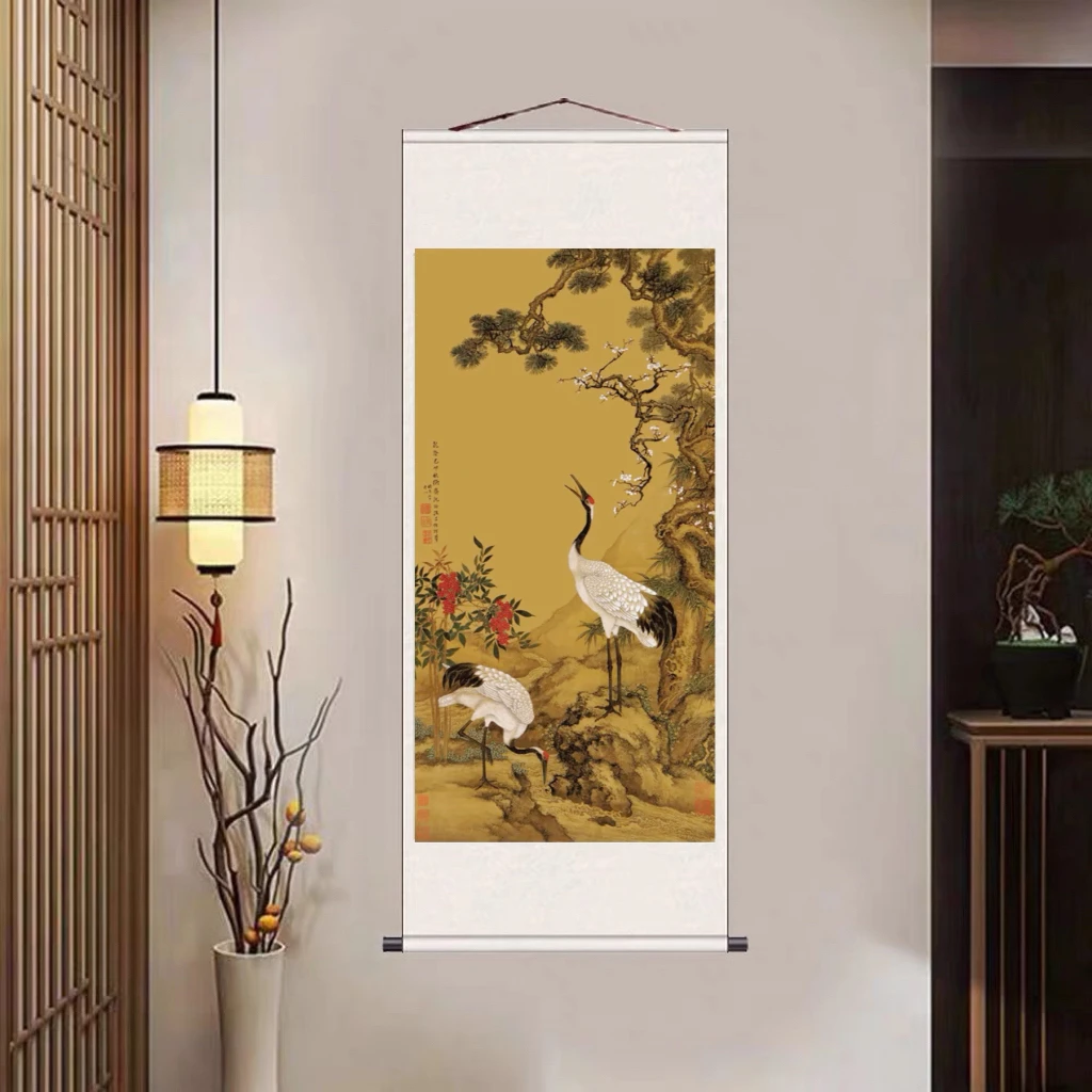 松梅双鹤白锦已装裱150cm*60背景墙竖轴挂画中式新中式挂画装饰