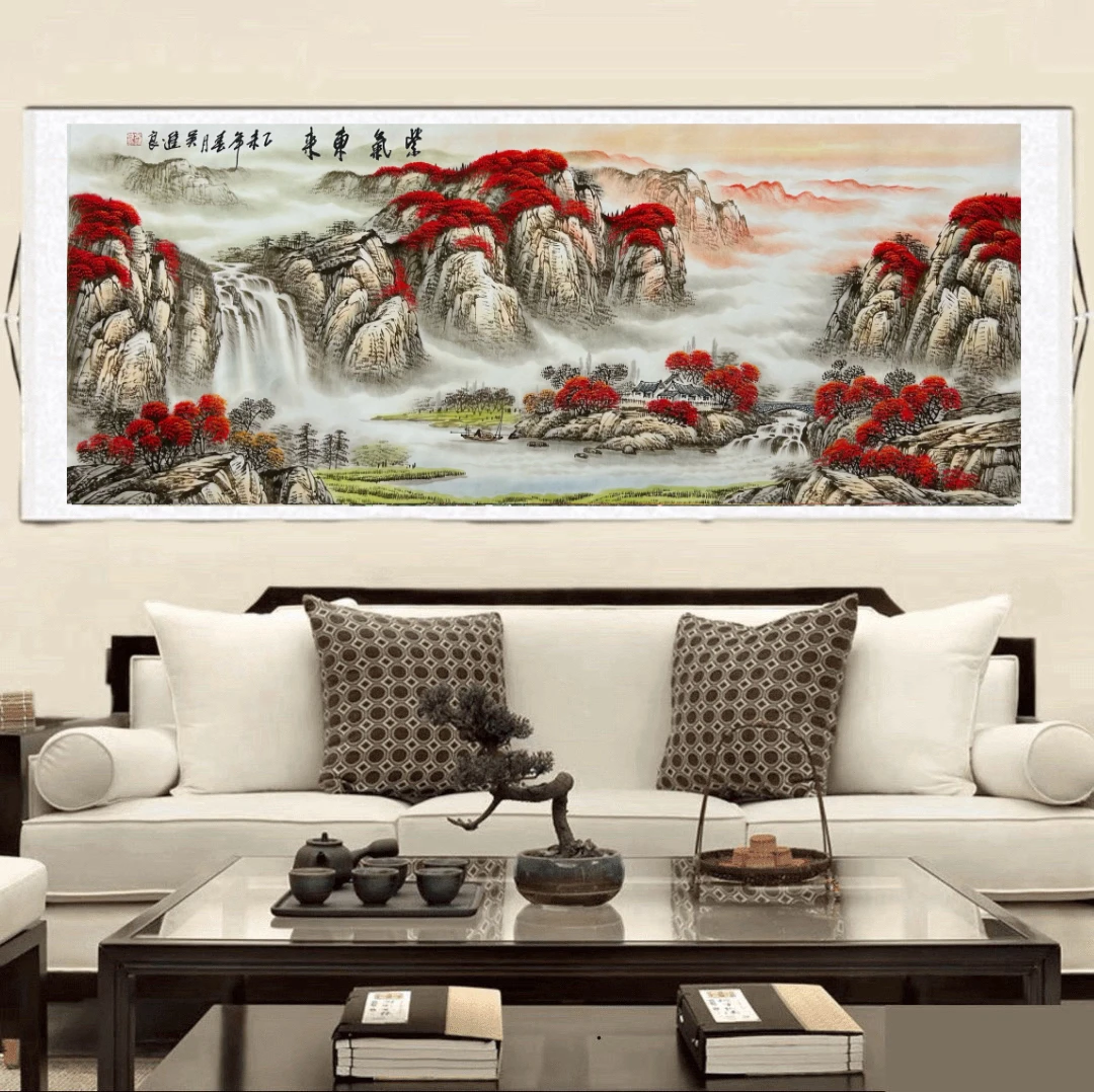 紫气东来六尺220cm*72cm已装裱客厅办公室背景墙山水装饰画
