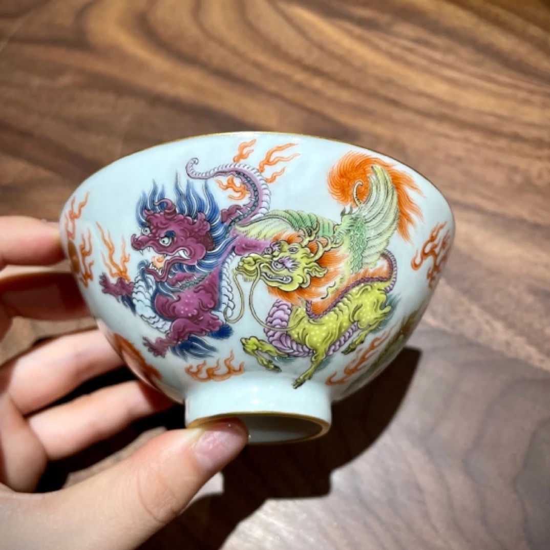 盛古珍玩洋彩龙生九子斗笠杯品茗杯珐琅彩茶杯茶具陶瓷主人杯