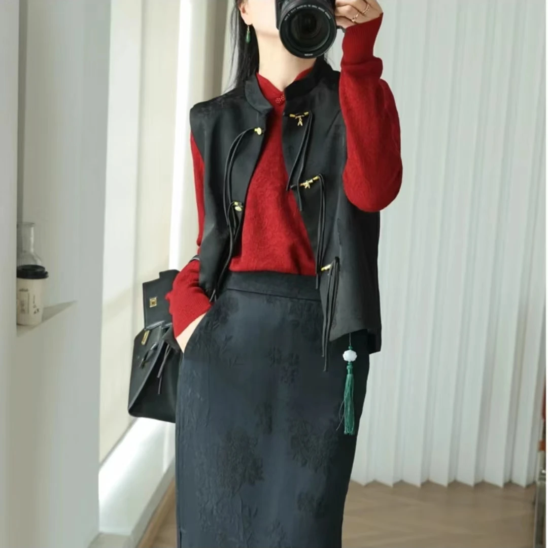 新中式竹节扣织花流苏马甲女春秋新款国风盘扣马夹外套上衣