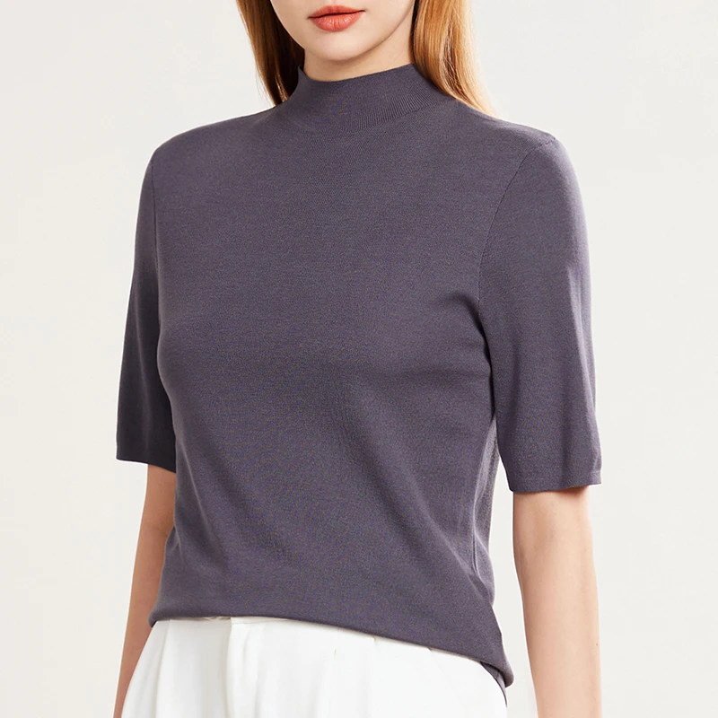 精纺半高领半袖小衫夏装新款女装打底衫女中袖百搭上衣夏季季T恤
