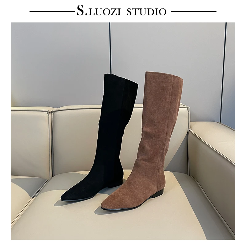 【柒柒】时尚磨砂2024秋冬圆头长靴女小个子百搭平底显瘦高筒靴棕色