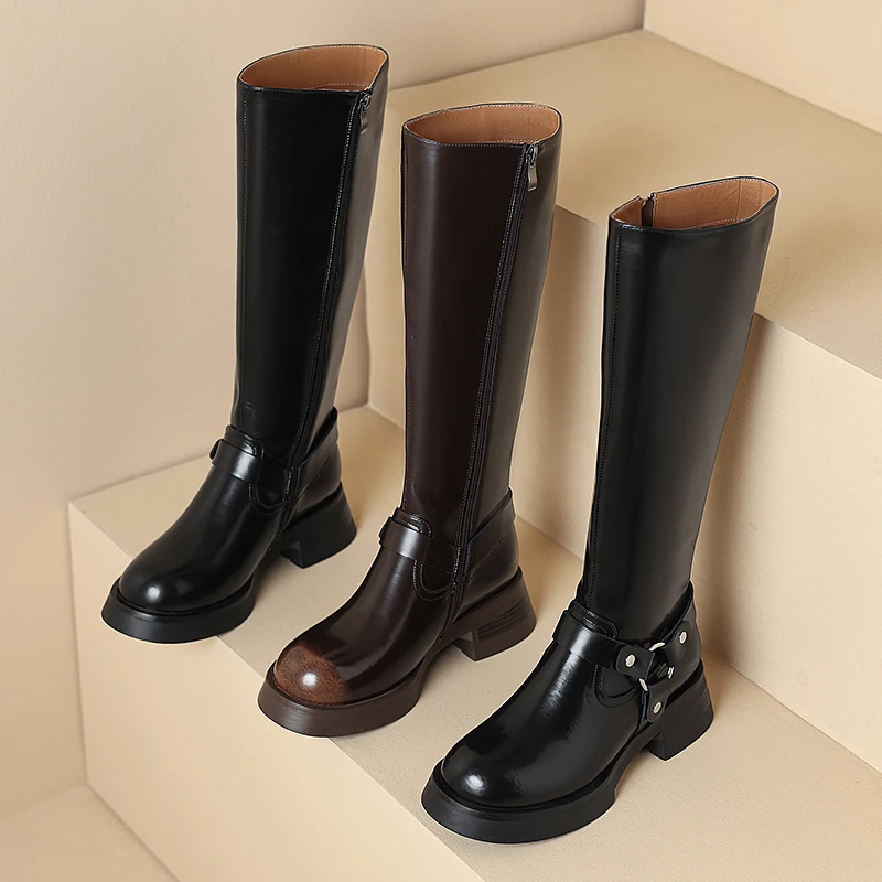 【加大筒】2024秋季新款厚底英伦风骑士靴真皮时尚小个子长筒靴女43