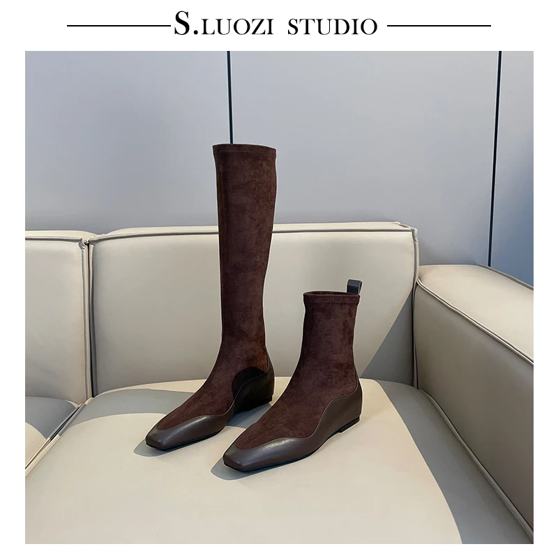 3.5cm/平底内增高瘦瘦靴女2024秋冬百搭显瘦复古棕色长筒弹力靴