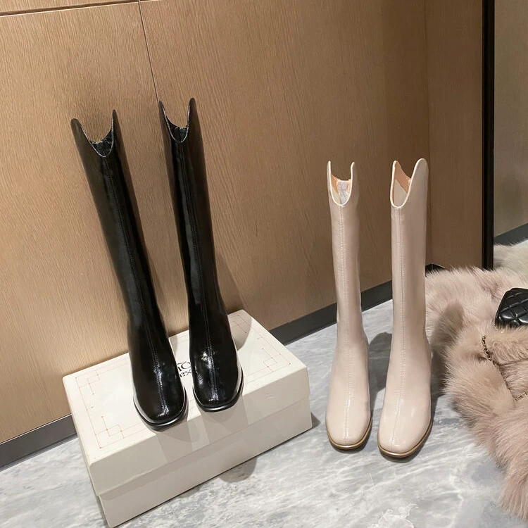 胖mm牛皮长筒靴女粗腿高筒骑士靴方头v口长靴白色大筒围高跟靴子