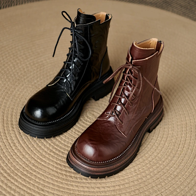 黑色低帮真皮英伦风厚底系带复古马丁靴2024秋冬新款百搭通勤短靴