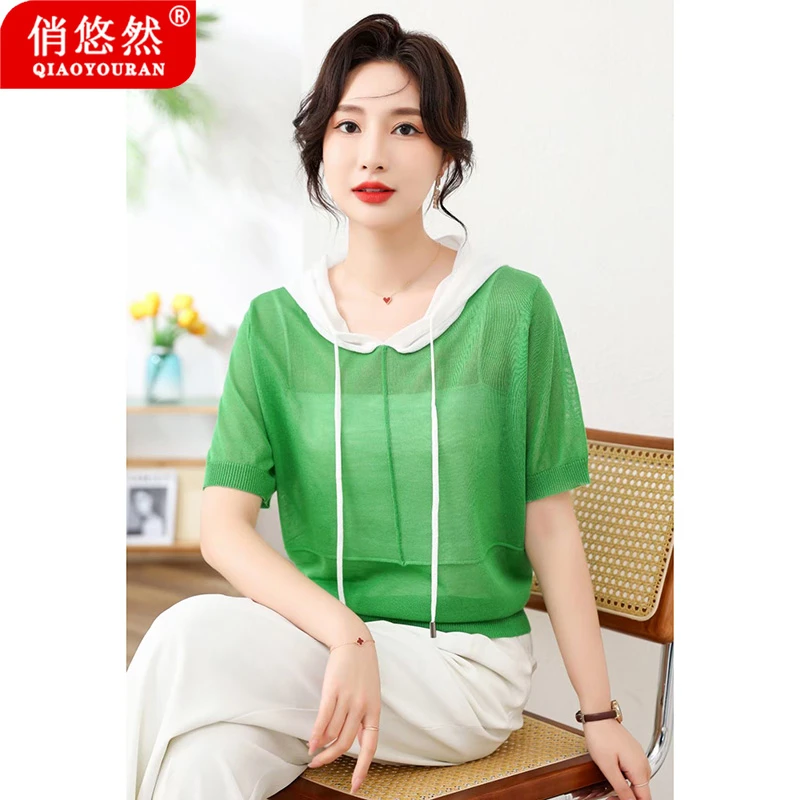 俏悠然2025夏季薄款天丝麻连帽短袖针织衫拼色短款透气减龄小上衣