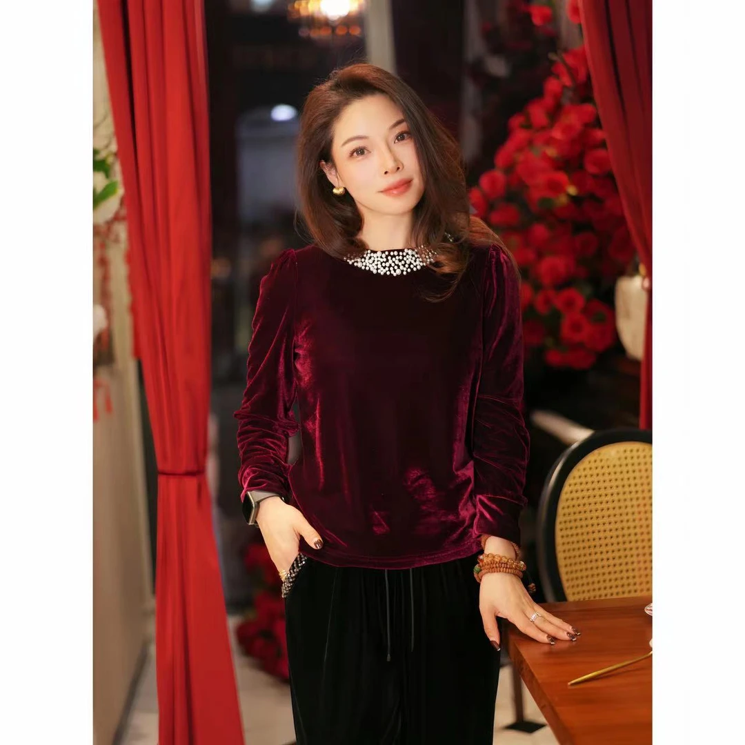 FER  高端重工圆领钉珠丝绒衬衫长袖宽松显瘦百搭上衣气质轻奢