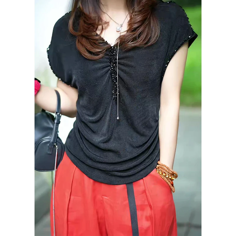 FER 欧货时尚V领短袖T桖设计感侧边褶皱重工钉珠上衣