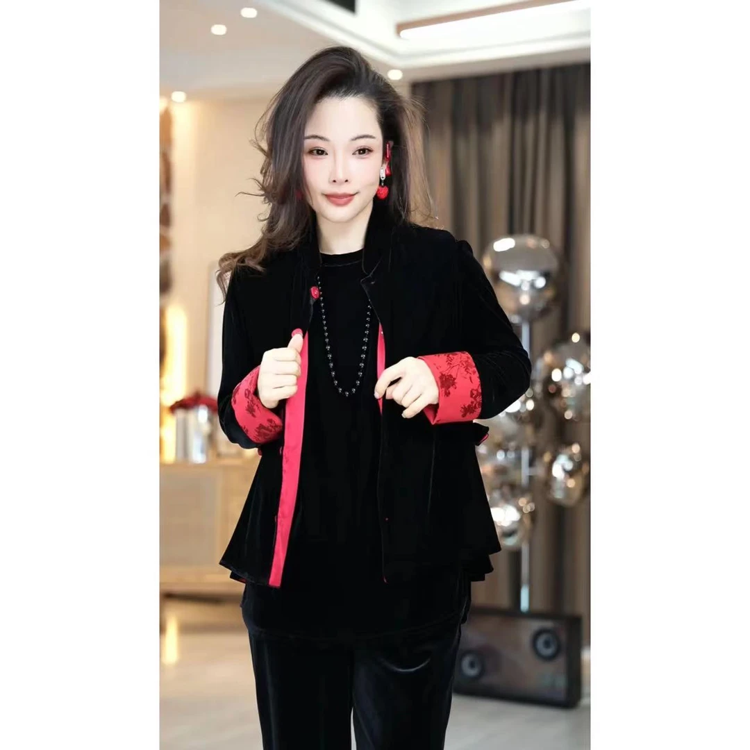 FER【丝绒金丝绒马甲】国风撞色提花开叉无袖坎肩马甲中国风立领