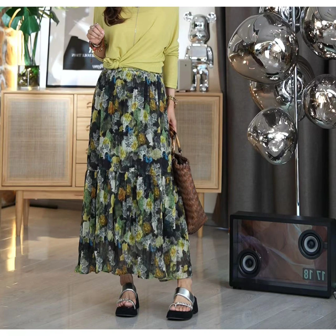 FER2024夏季复古轻奢高腰显瘦渐变油画半身裙印花度假风大摆裙