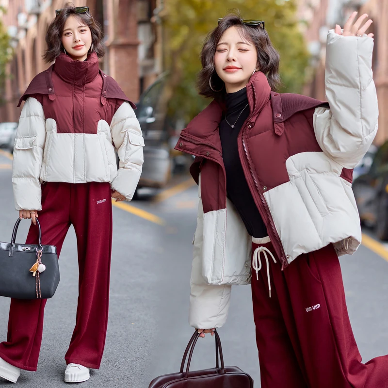针织披肩撞色羽绒服女2024新款冬季短款小个子高端时尚爆款外套潮
