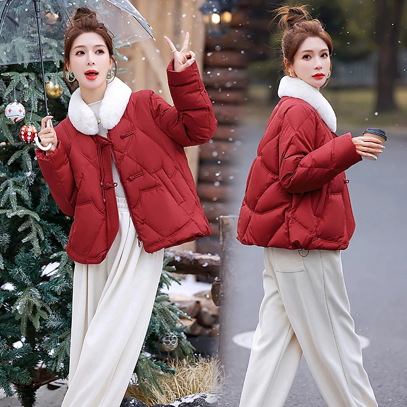新中式国风红色羽绒服女短款冬季2024新款宽松高级感加厚厚外套潮