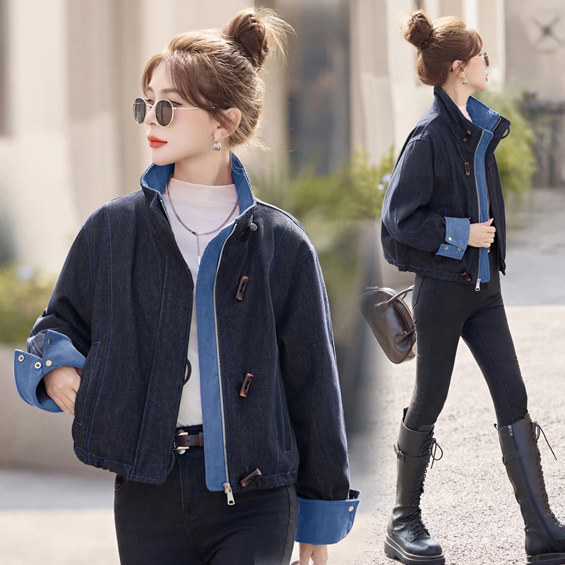 牛仔羽绒服女冬2024新款立领牛角扣宽松白鸭绒夹克加厚短外套潮