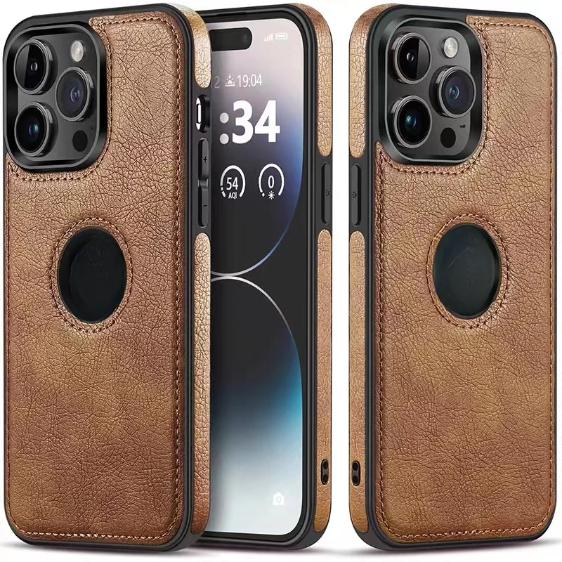 适用苹果15ProMax高档复古皮纹手机壳商务iPhone14/13/12全包防摔