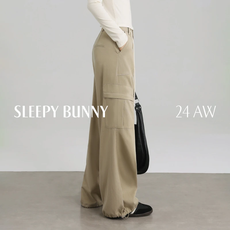 瞌睡兔美式多口袋工装休闲裤秋季抽绳收腰直筒休闲阔腿长裤244544