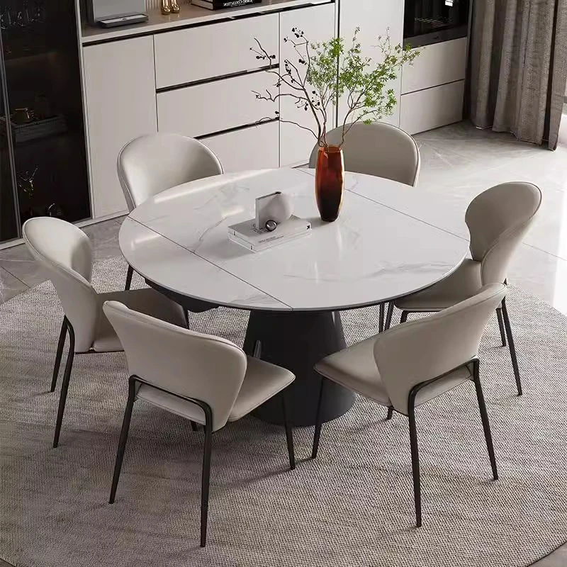 意式轻奢亮光岩板抽拉餐桌可变圆变方两用折叠多功能餐桌椅组合