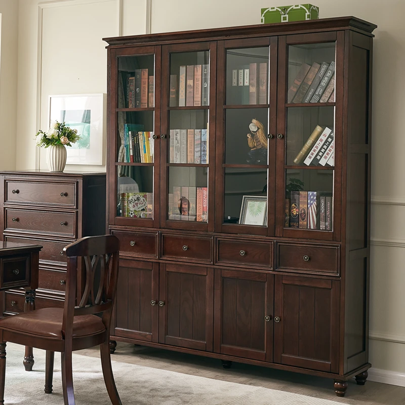 美式书桌实木书柜储物电脑桌客厅组合书柜美式书房家用复古书柜