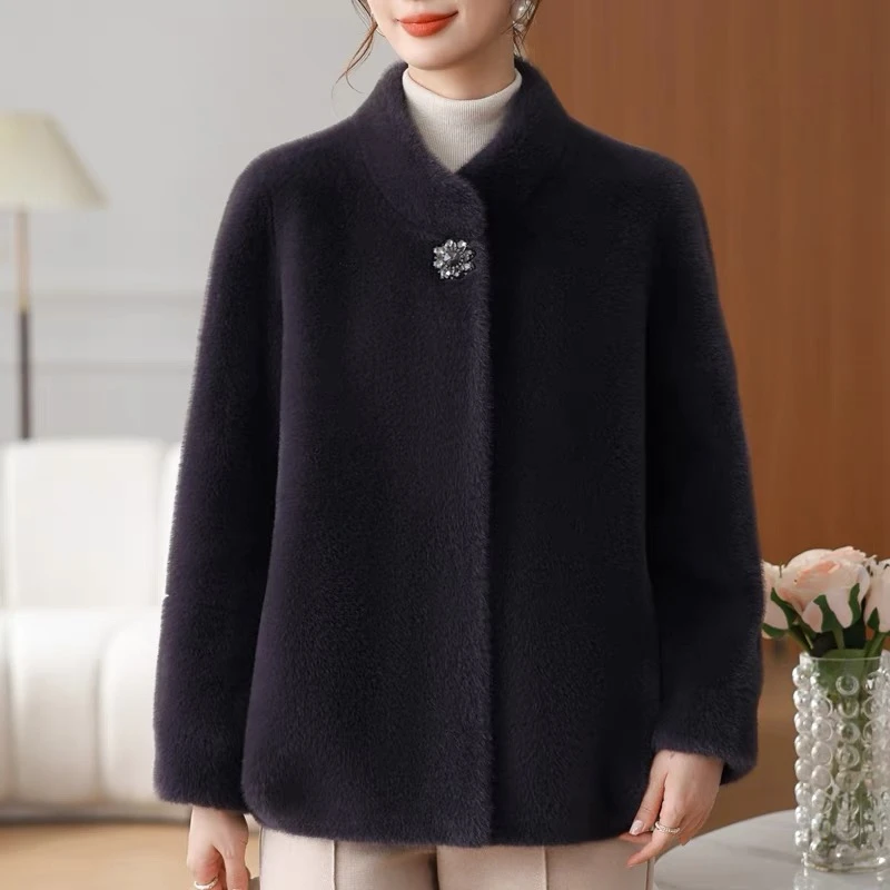 雅鹿水貂毛绒皮毛一体立领短款外套冬季装加厚小个子妈妈8002保暖