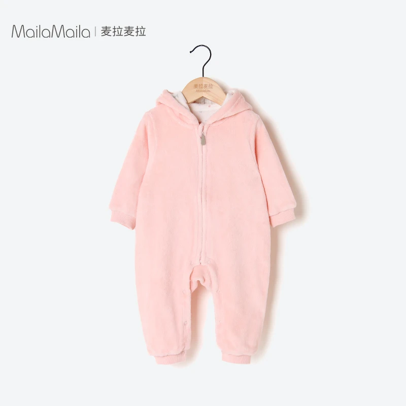 【麦拉麦拉】婴儿连帽连体哈衣秋冬季珊瑚绒厚爬服爬爬服a类