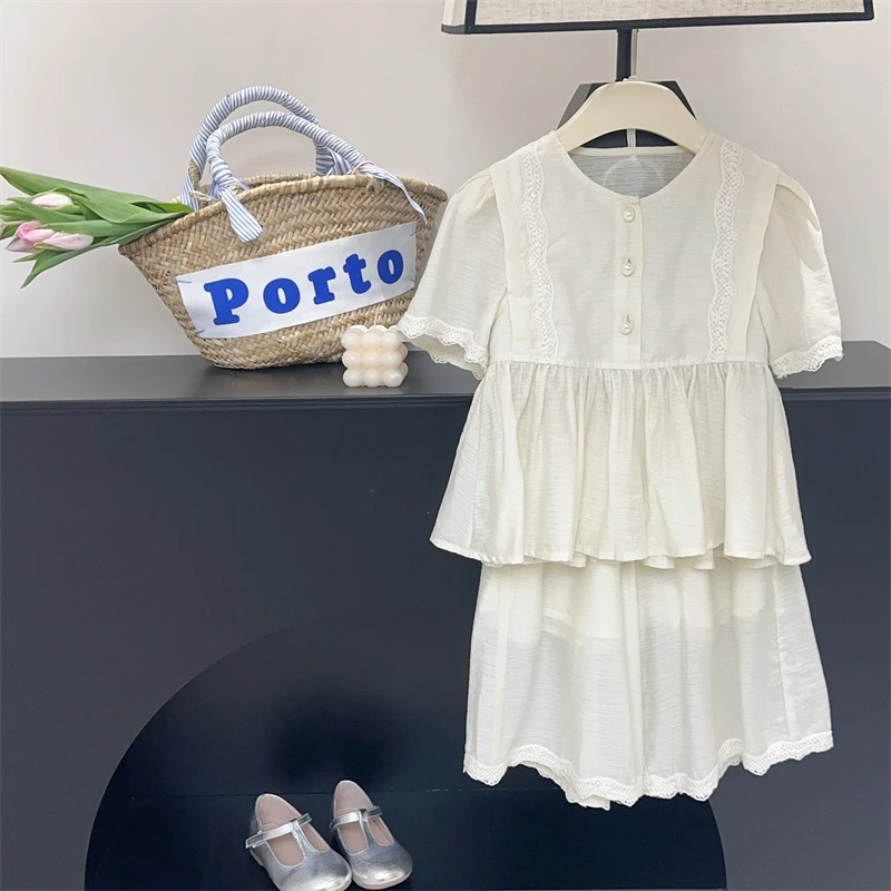 【现货】女童法式气质套装2024夏季女孩时髦衣服短袖衬衫裤子两件套