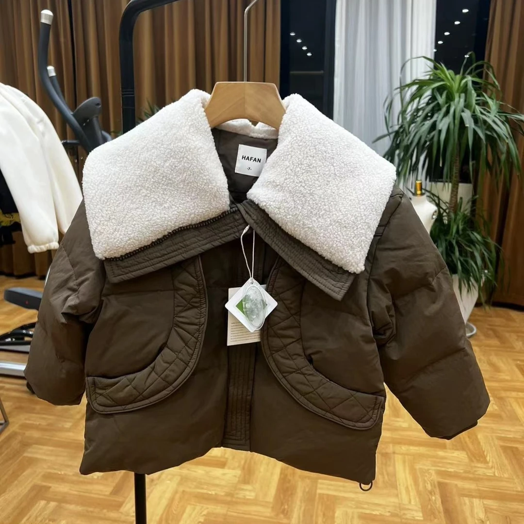【现货】童装女童羽绒服洋气羊羔毛领90新国标外套翻领冬季拼接