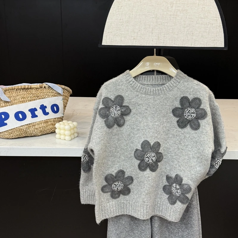 【现货】leomama童装女童花朵套头毛衣秋冬新款儿童针织衫保暖上衣