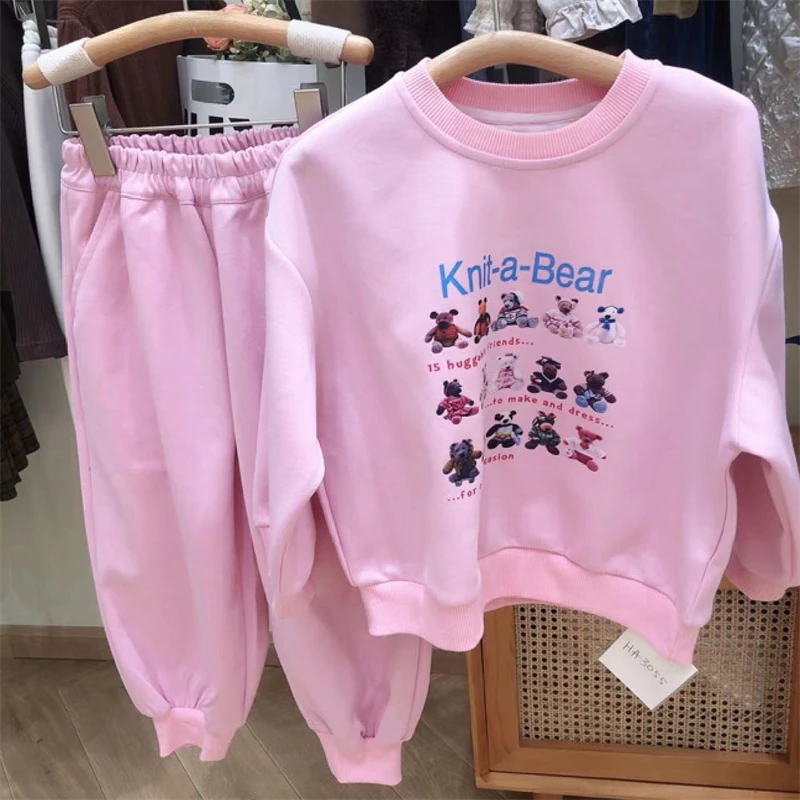 【现货】女童卫衣套装圆领儿童灰色印花2024春秋季韩版时尚小熊套装