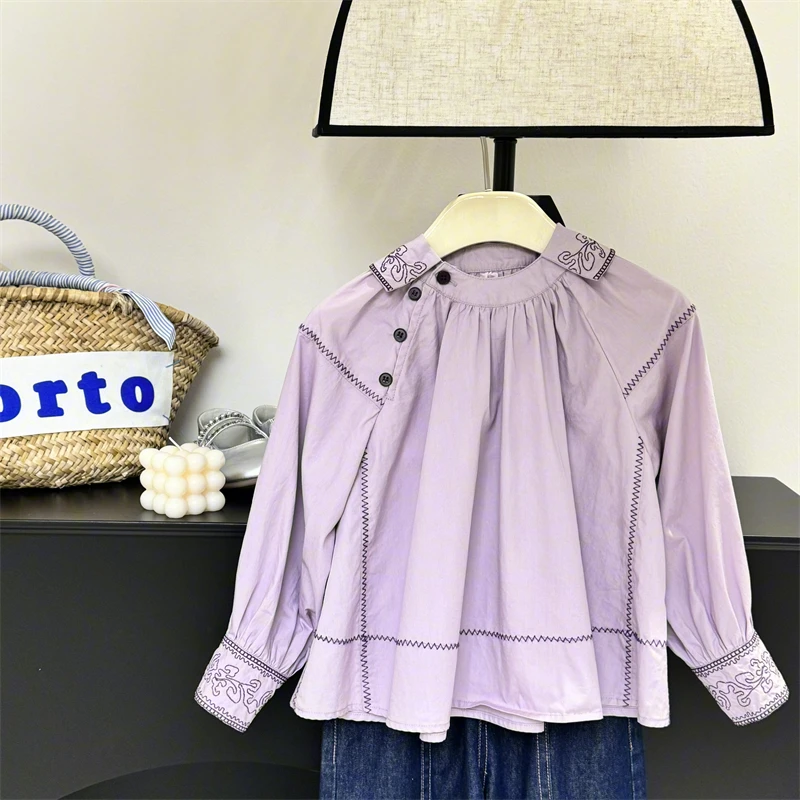 现货【风信紫】女童衬衫秋季儿童小众精致刺绣上衣洋气大童长袖衬衣