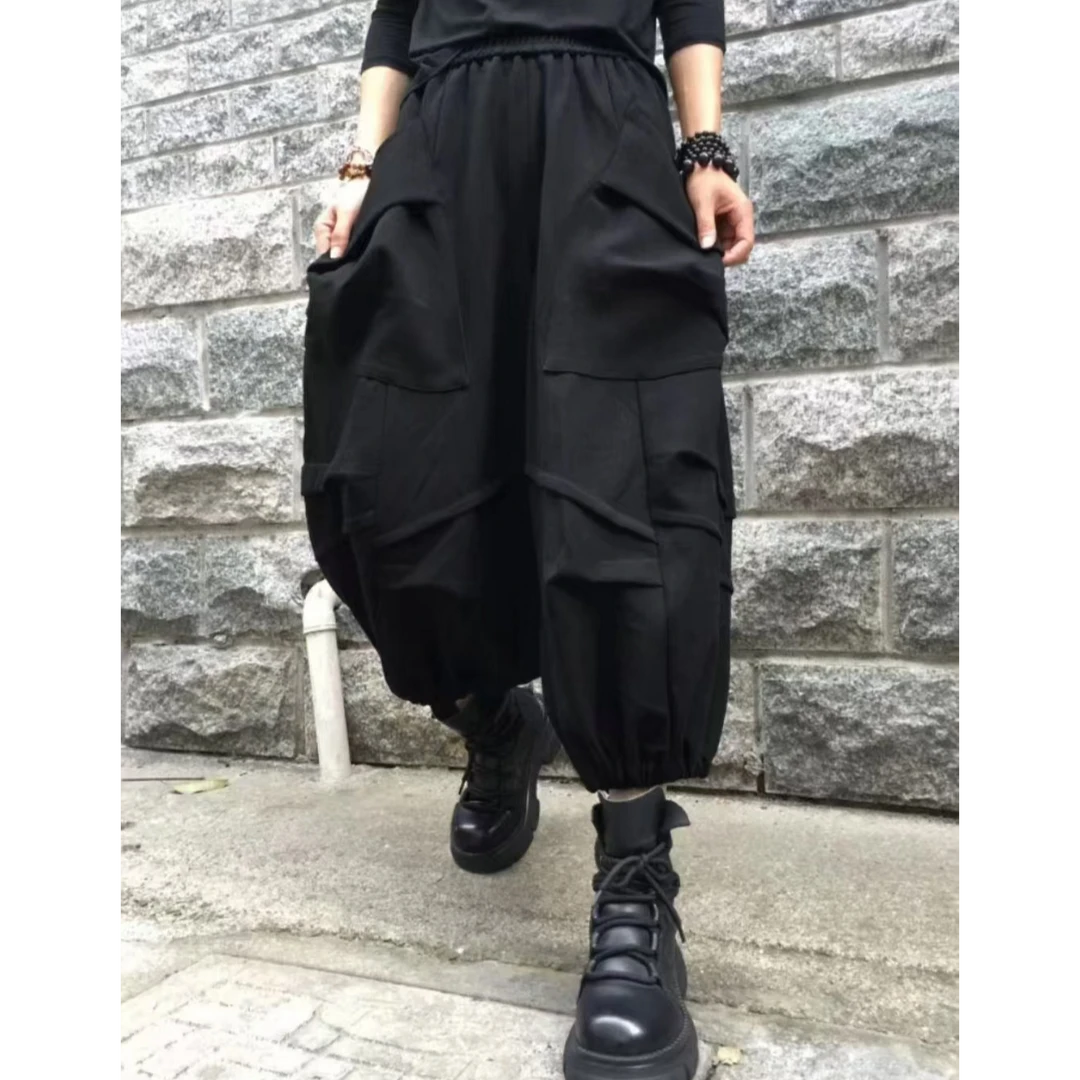 时尚百搭纯色褶边立体大兜九分阔腿灯笼裤女秋款宽松遮肉休闲裤潮