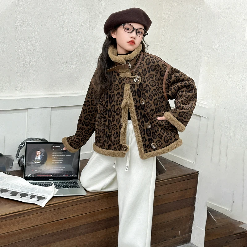 豹纹立领加厚一体外套冬季外套新款童装韩系