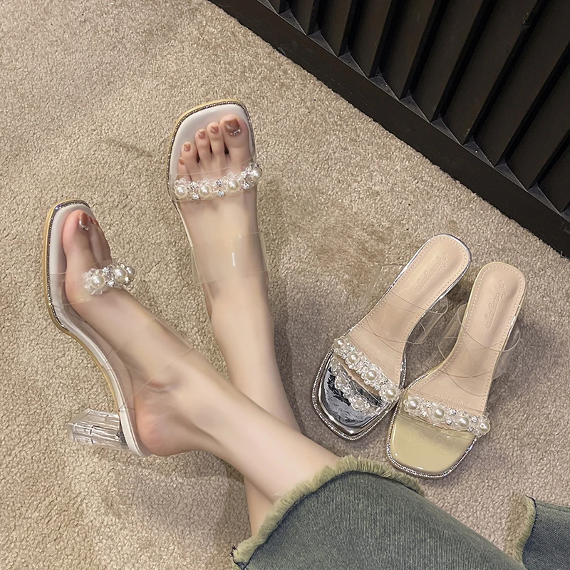 夏季外穿仙女风高跟凉拖鞋女网红时尚百搭粗跟气质方头时装跟鞋