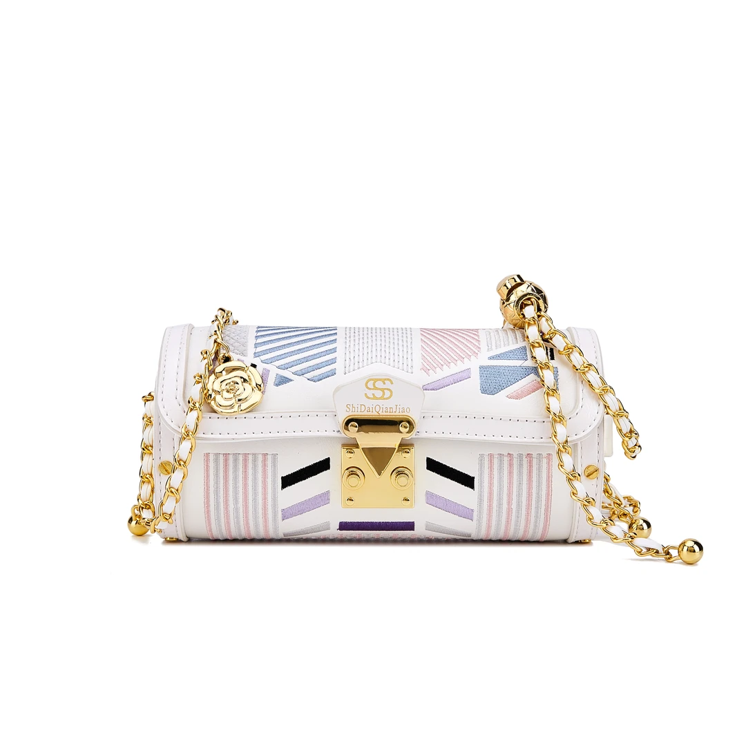 【时袋千娇】新款百搭经典万针蜀绣单肩斜挎包圆筒链条小包