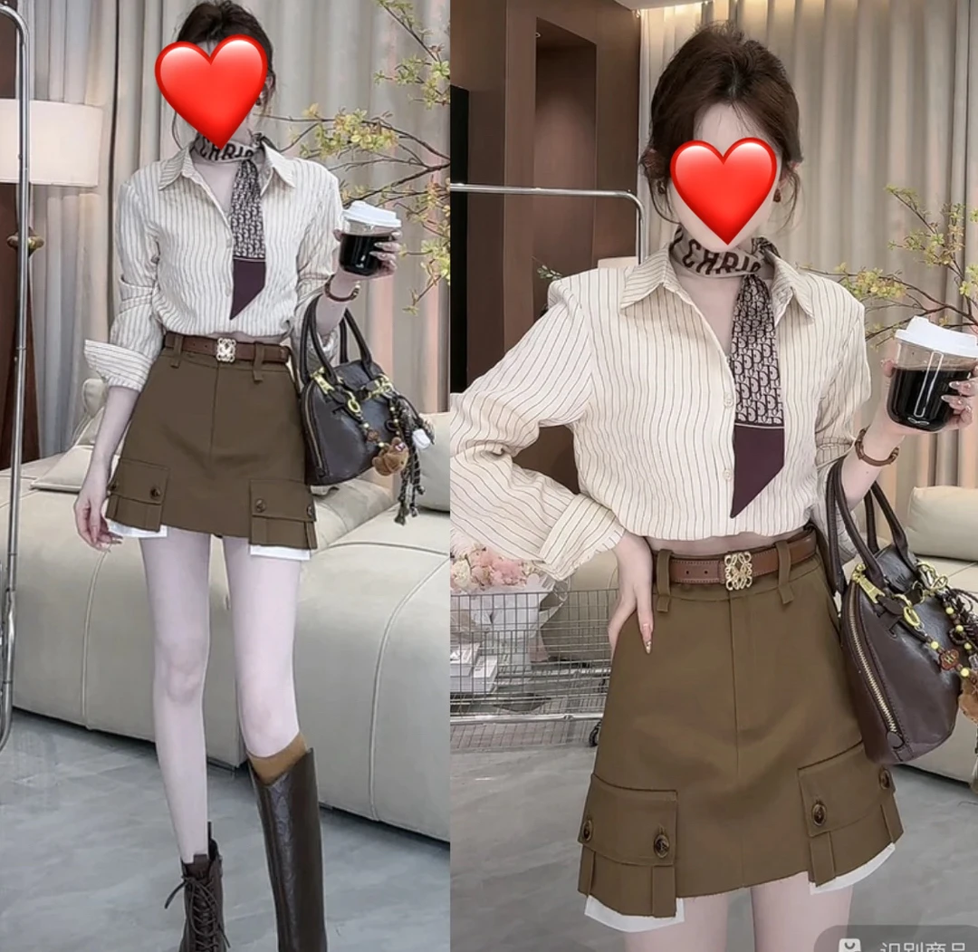 2024早秋新款假两件衬衫+裙裤套装