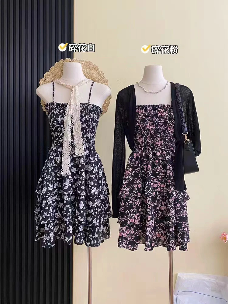 【老板娘专属】新款韩系碎花蛋糕裙吊带裙+针织开衫两件套