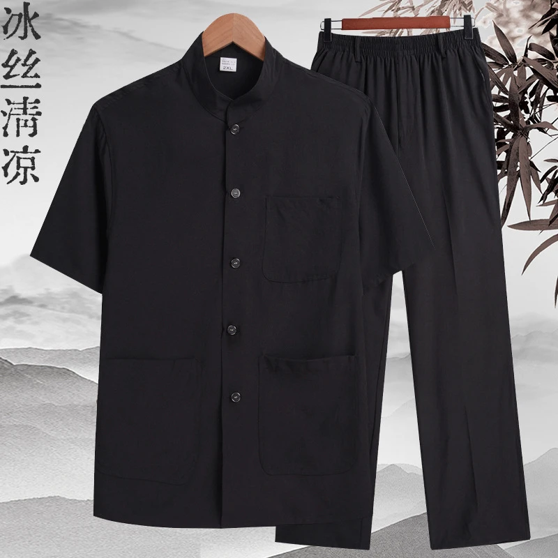 中国风唐装男夏季薄款短袖冰丝套装中老年爷爷衣服宽松汉服爸爸装