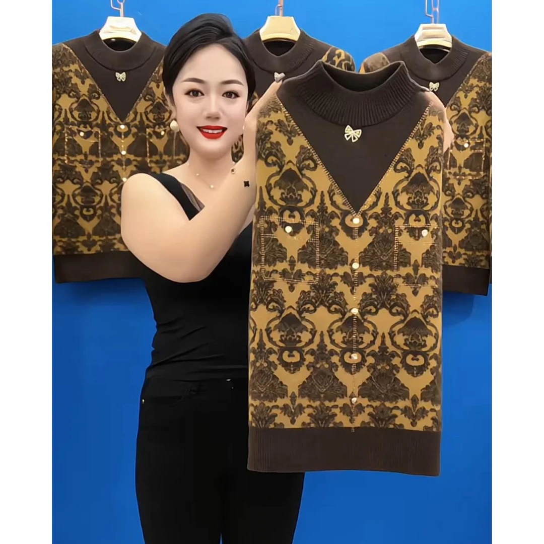 秋冬新款长袖圆领宽松显瘦套头打底衫女复古三角织花钉钻针织上衣