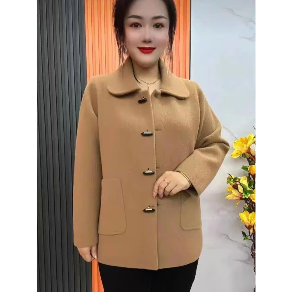 仿毛呢外套高档新款秋冬女短款休闲宽松呢针织妈妈开衫装双面外穿