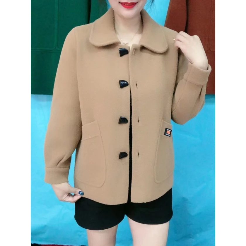 新款爆款妈妈装仿双面尼外套洋气牛角扣方领开衫百搭中年上衣女