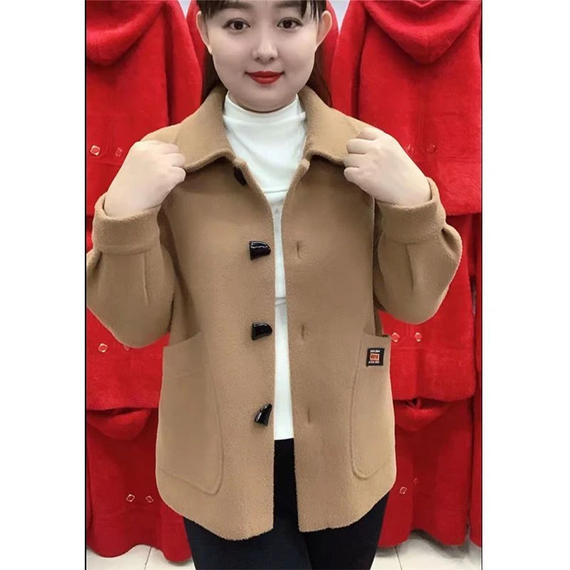 秋冬季新款高档针织开衫宽松上衣双面呢短款毛绒外套女中年妈妈装